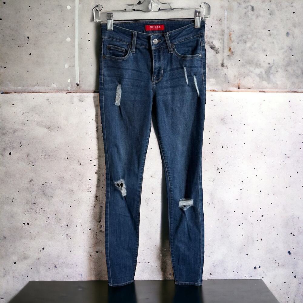 Guess Womens Jeans Sz 24 Ripped Dark Blue Stretchy Skinny Curvy